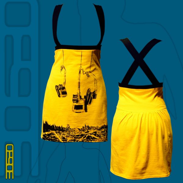30630-RG1 robe jaune avec bretelles et bandeau noires. Design devant inspiré de l'oeuvre "Guerre Cru"