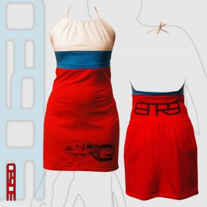 30630-ÉTÉR7 robe rouge et bandeau rayé bleu et blanc. 2022