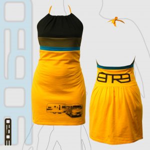 30630-ÉTÉR8 robe jaune or et bandeau rayé bleu, kaki et noir. 2022